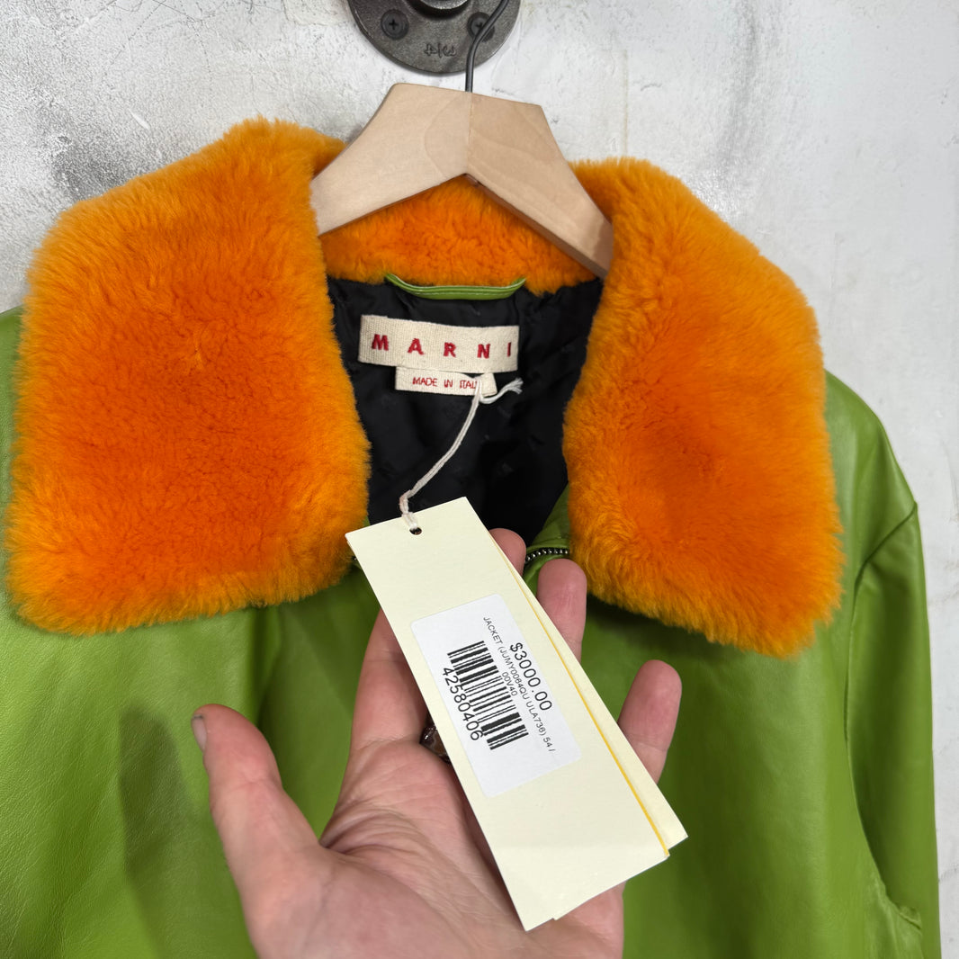 Marni Green Leather Fur Collared Jacket