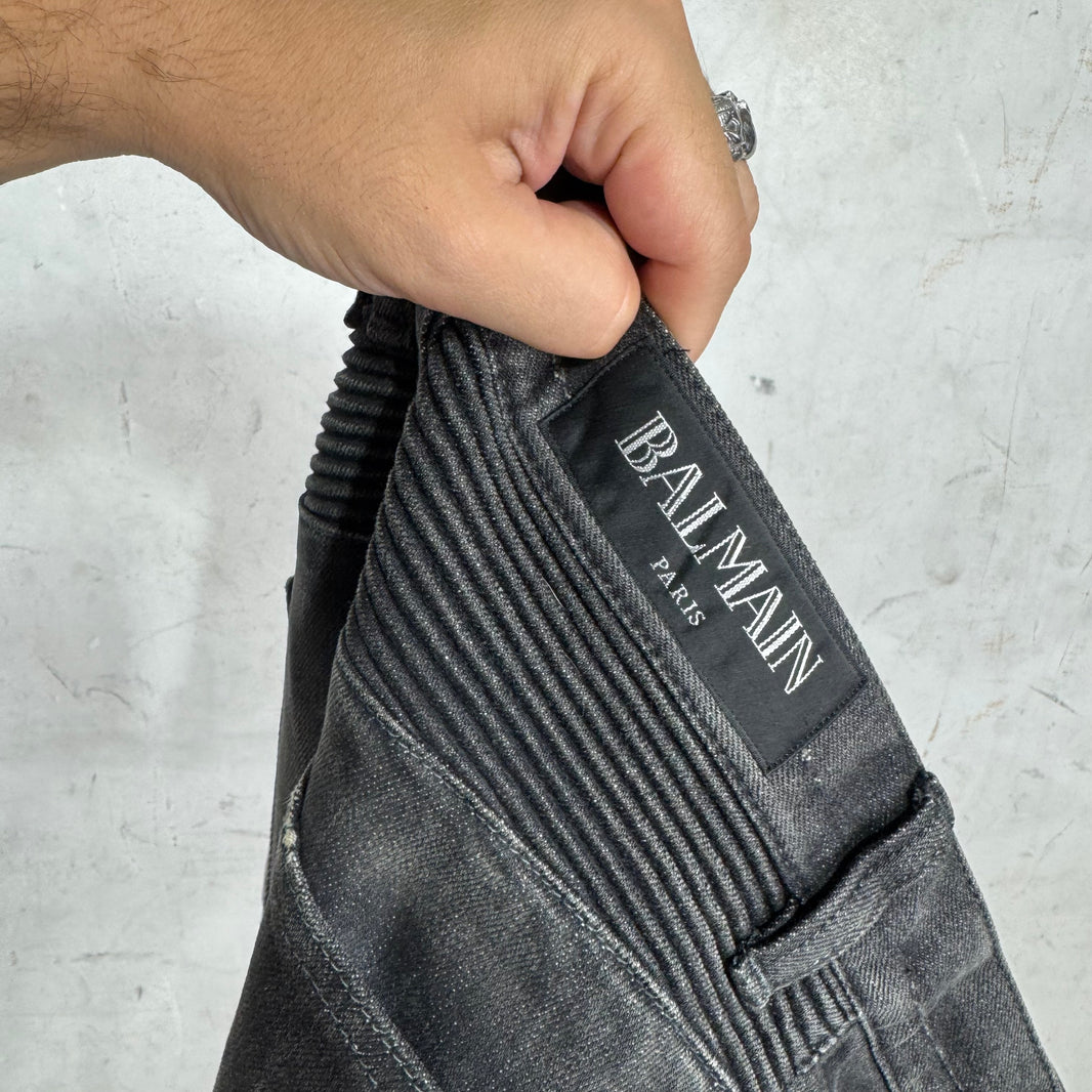Balmain Charcoal Distressed Biker Jeans