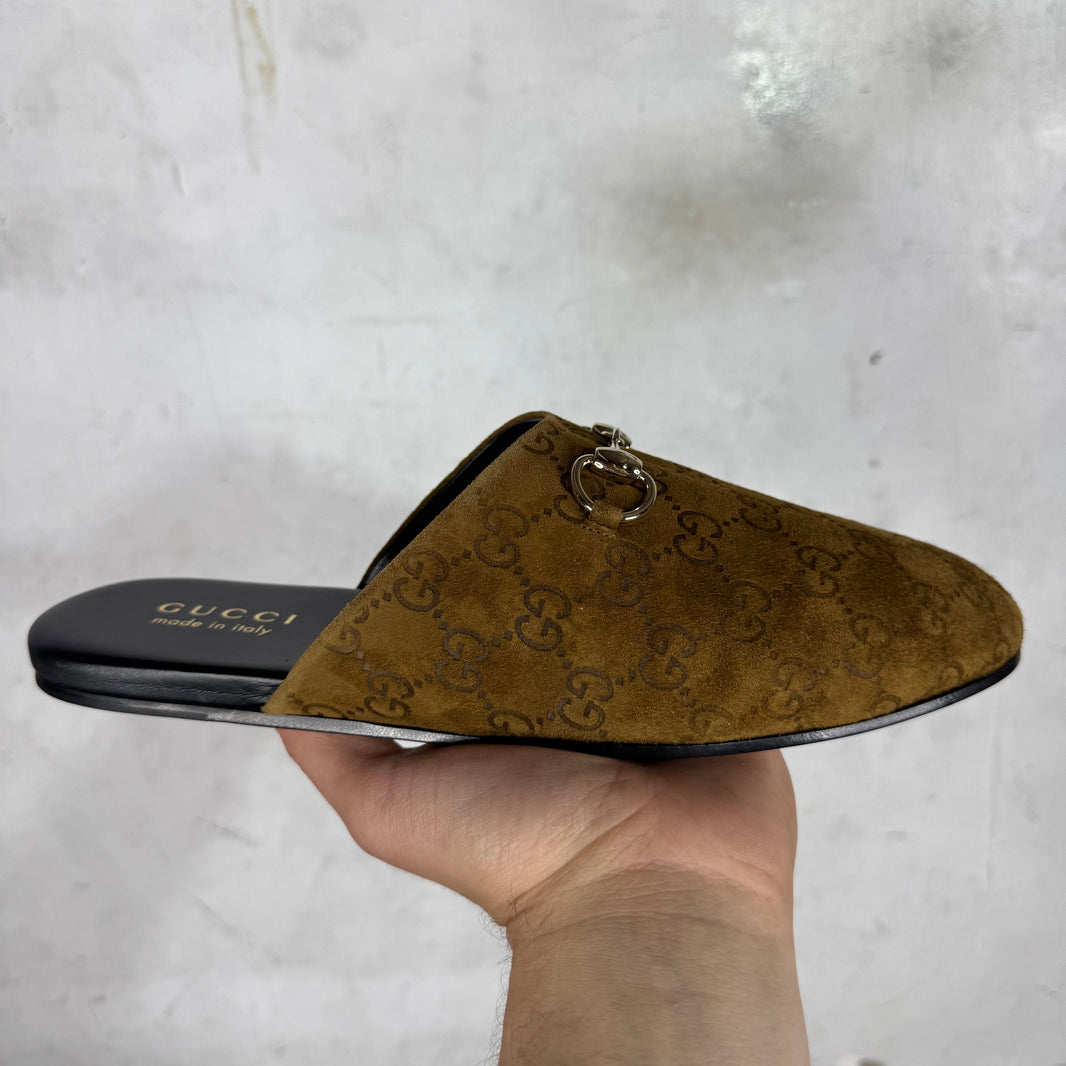 Gucci Suede Monogram Cachemire Horsebit Mules