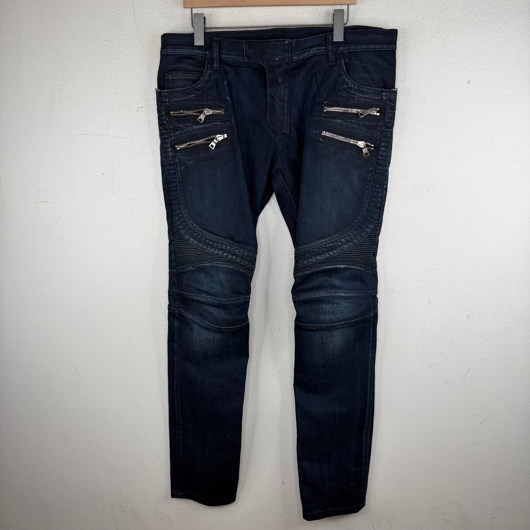 Balmain Indigo Double Zip Biker Jeans