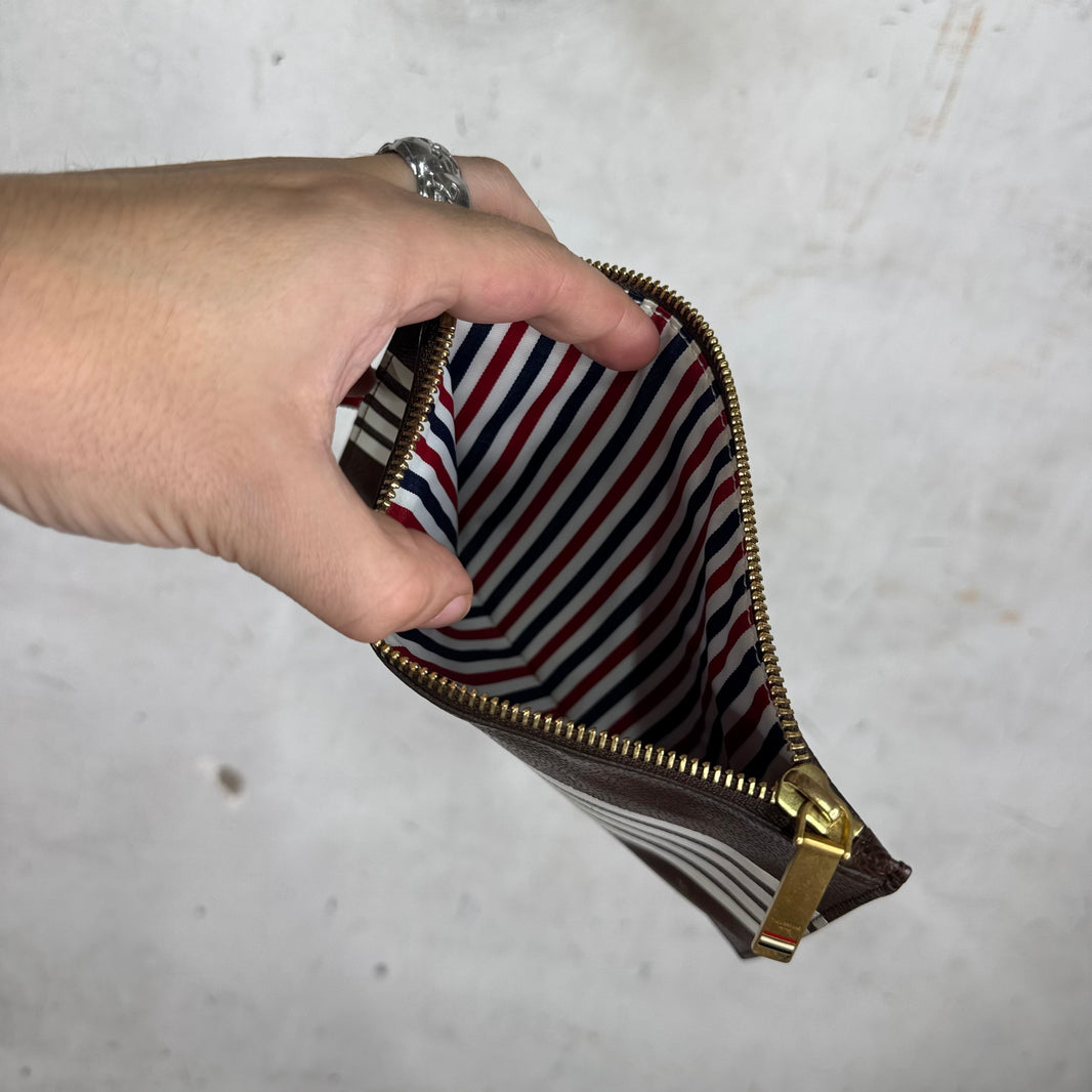 Thom Browne Brown Pebbled Leather Striped Pouch