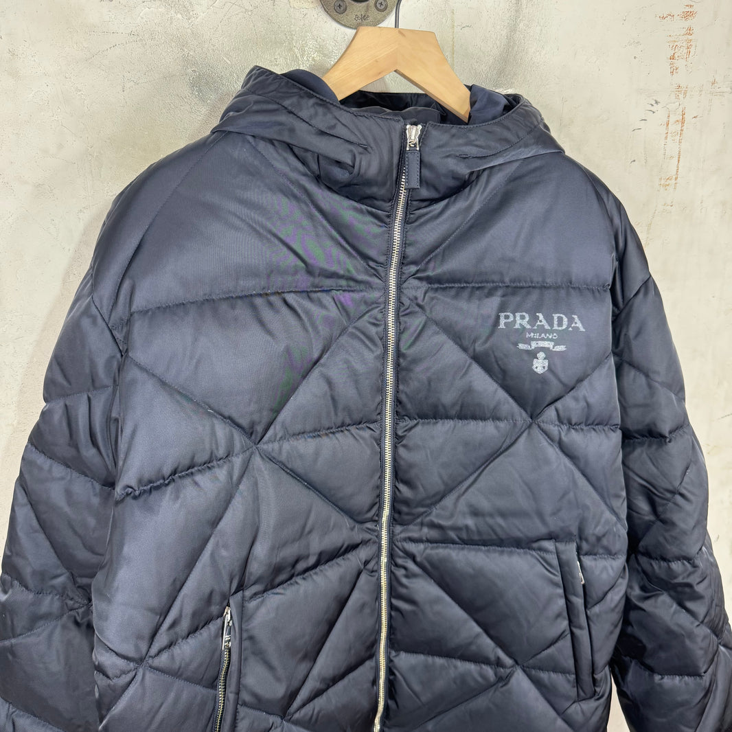 Prada Quilted Distressed Logo Puffer Jacket