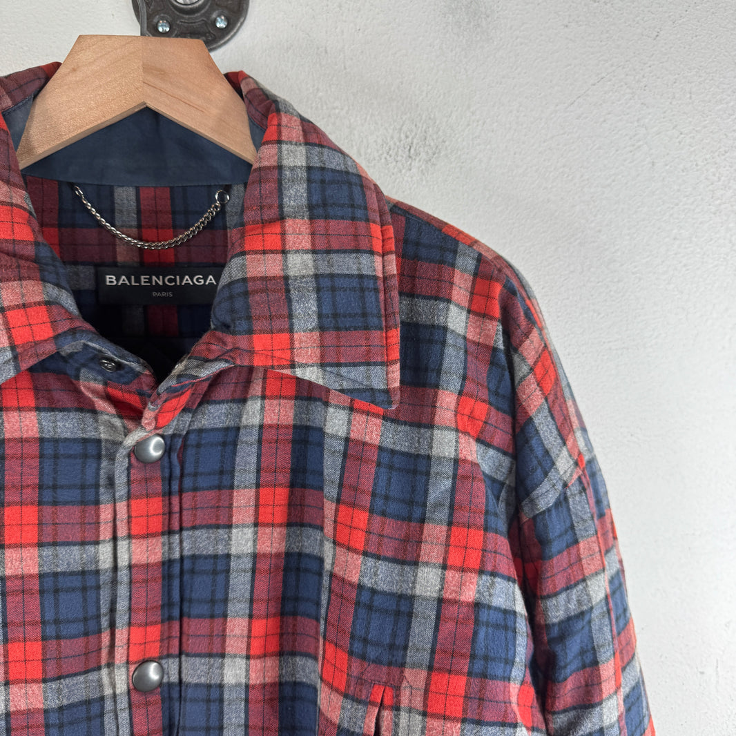 Balenciaga Quilted Red/Blue Padded Snap Button Flannel