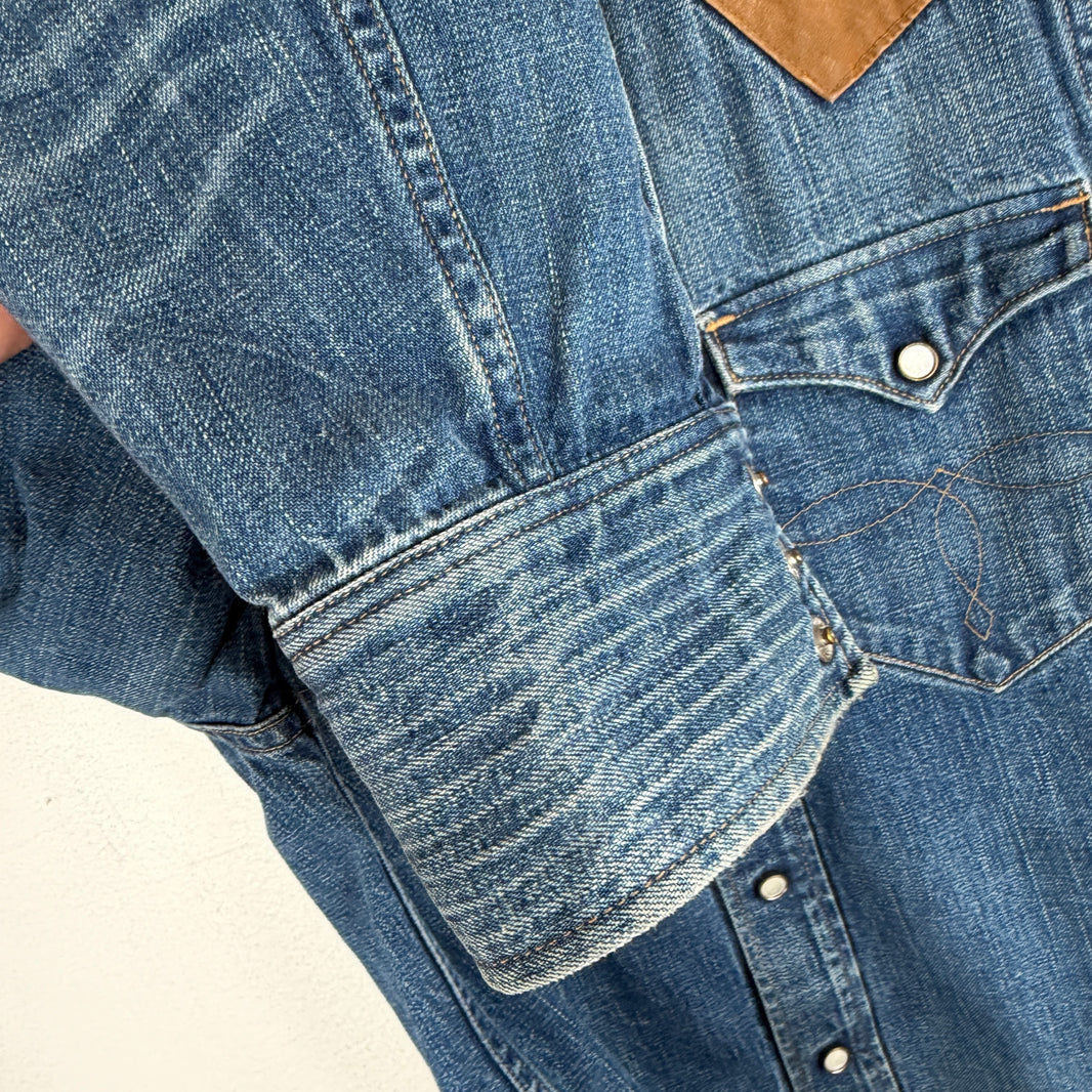 RRL Denim Western Snap Button Mandarin Collar Denim Shirt