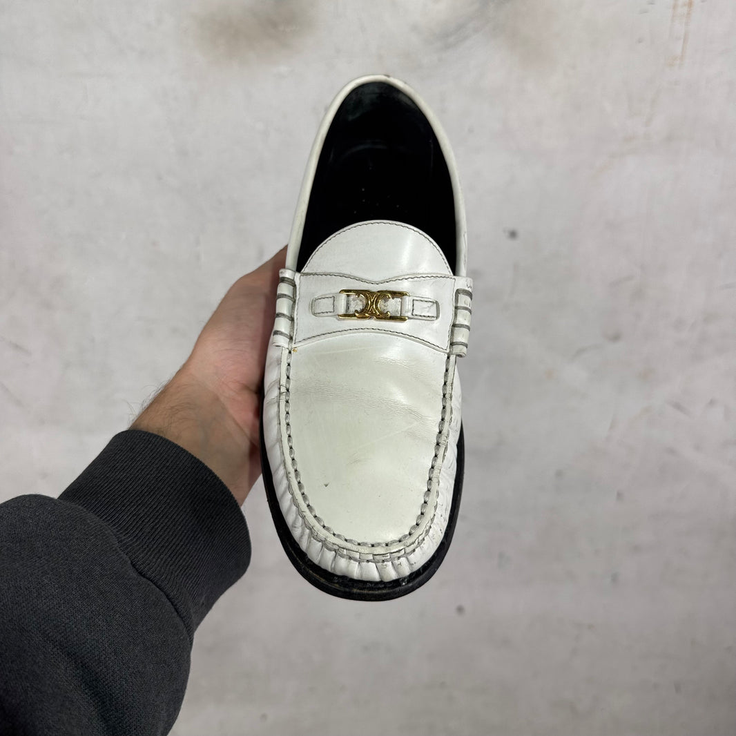 Celine White Leather Triomphe Loafers