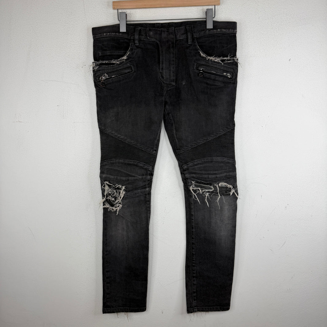 Balmain Distressed Knee Biker Jeans