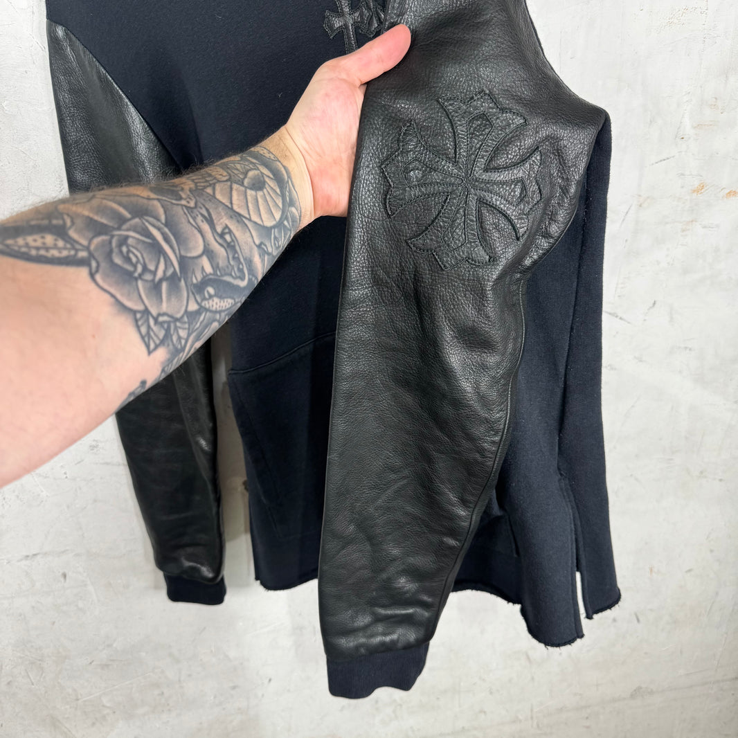 Chrome Hearts Triple Cross Leather Sleeved Crewneck