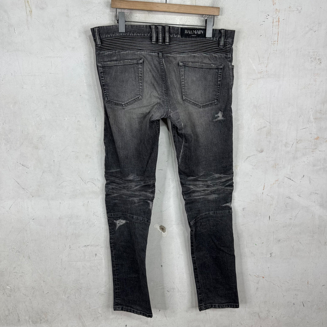Balmain Charcoal Repaired Biker Jeans
