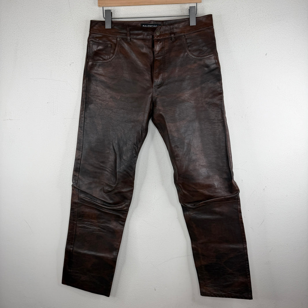 Balenciaga Brown Calf Leather Pants