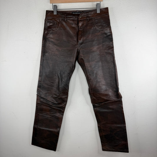 Balenciaga Brown Calf Leather Pants