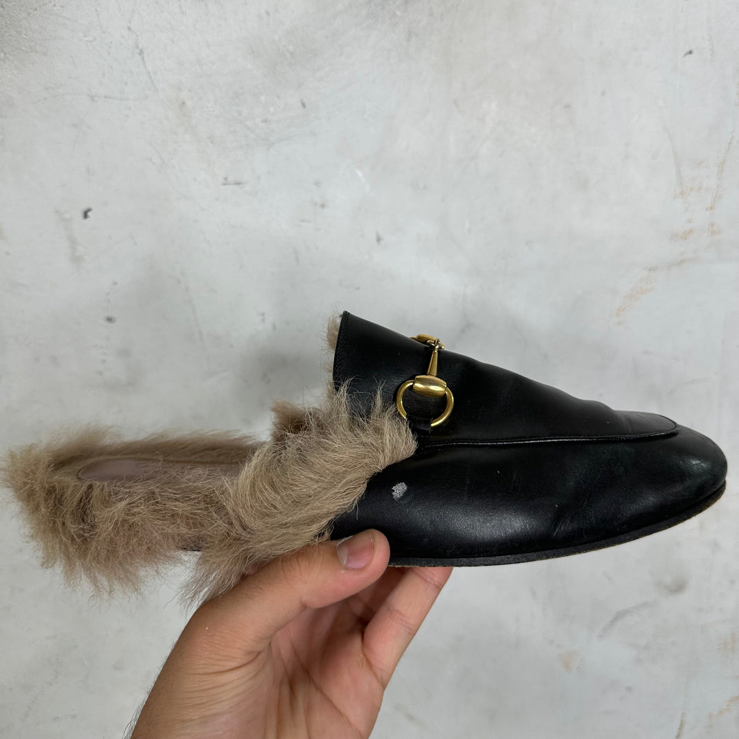 Gucci Smoked Horsebit Fur Mules