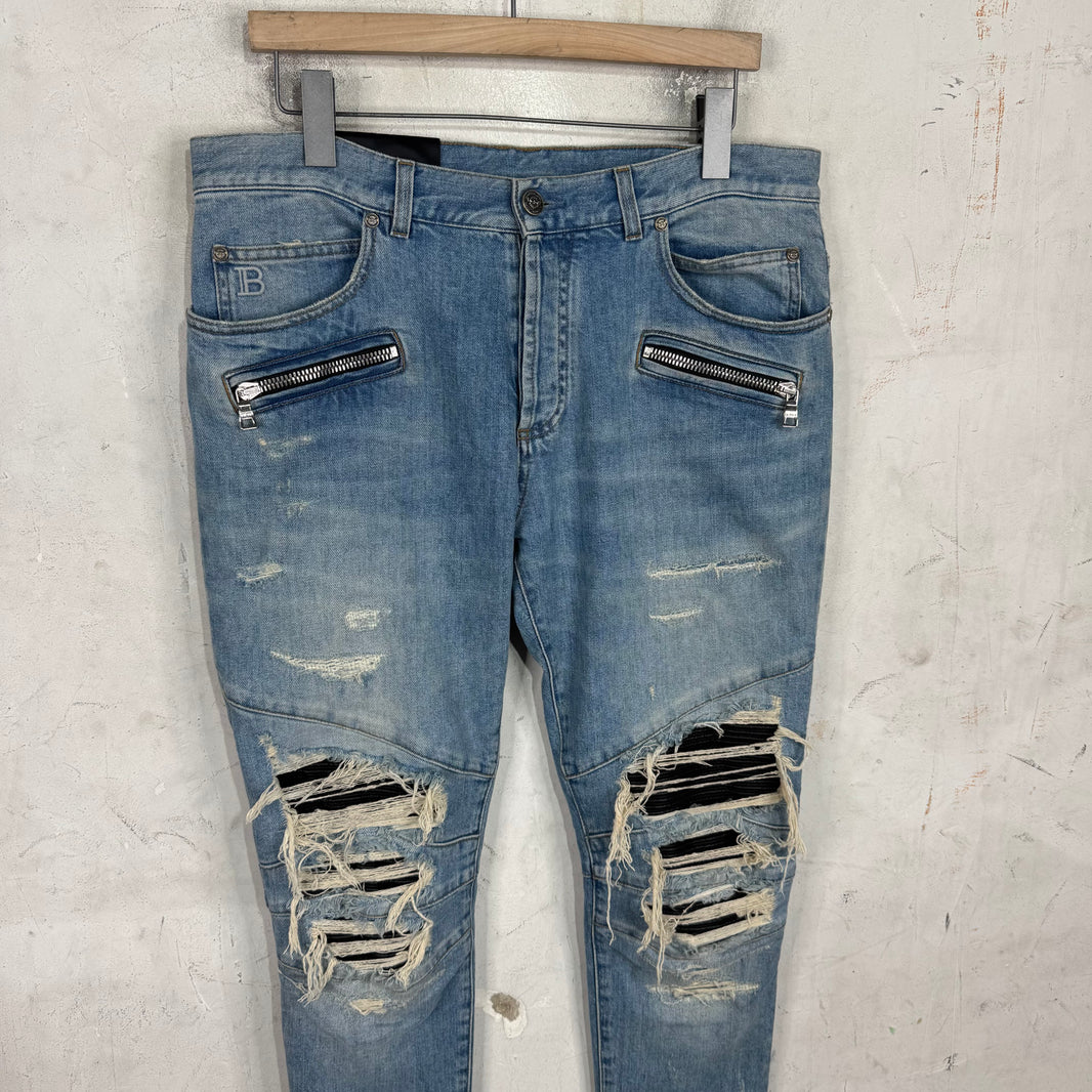 Balmain Lightwash Leather Patched Biker Jeans