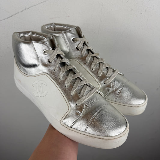 Chanel White/SIlver CC Logo Rubber High Sneakers