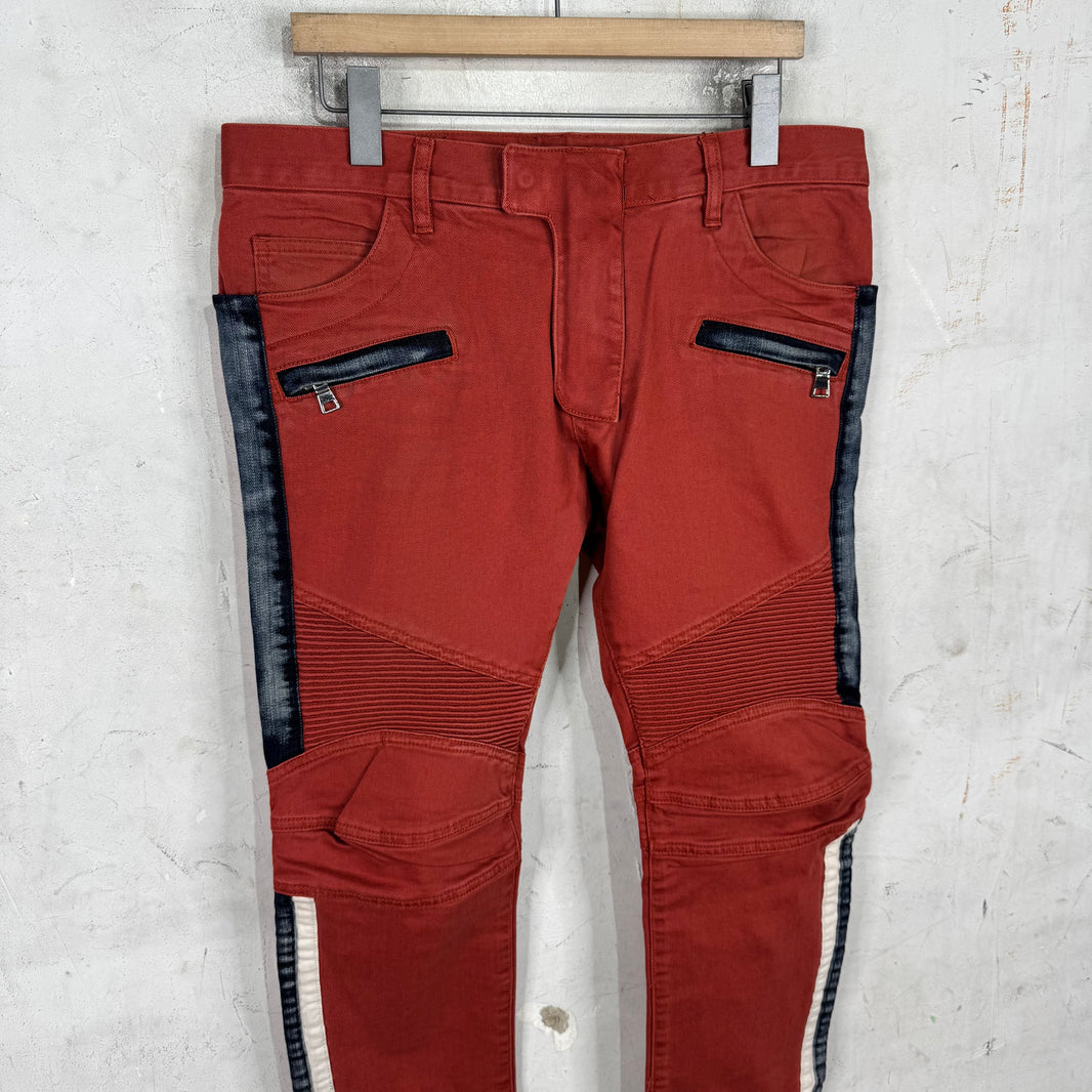 Balmain Orange Denim Trimmed Biker Jeans