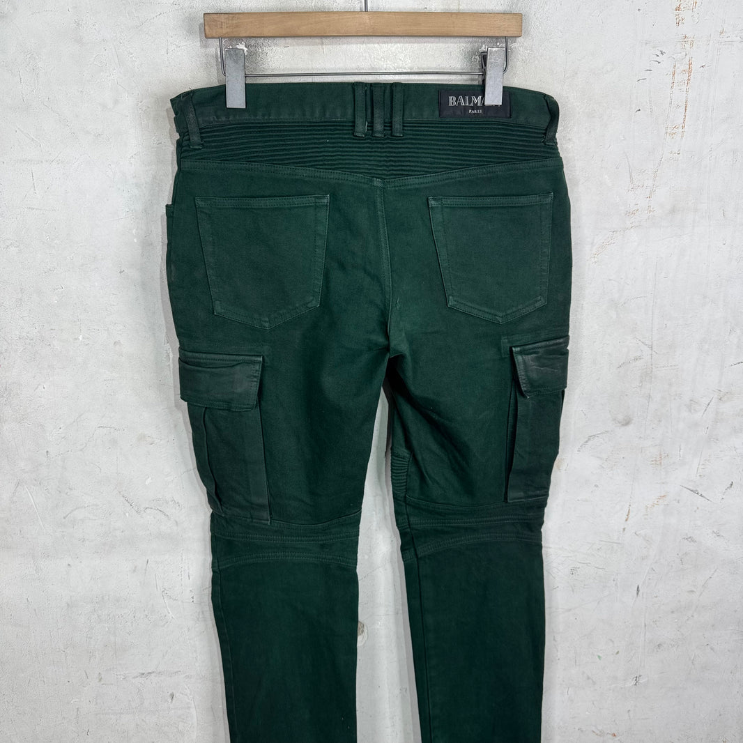 Balmain Green Waxed Double Zip Biker Jeans