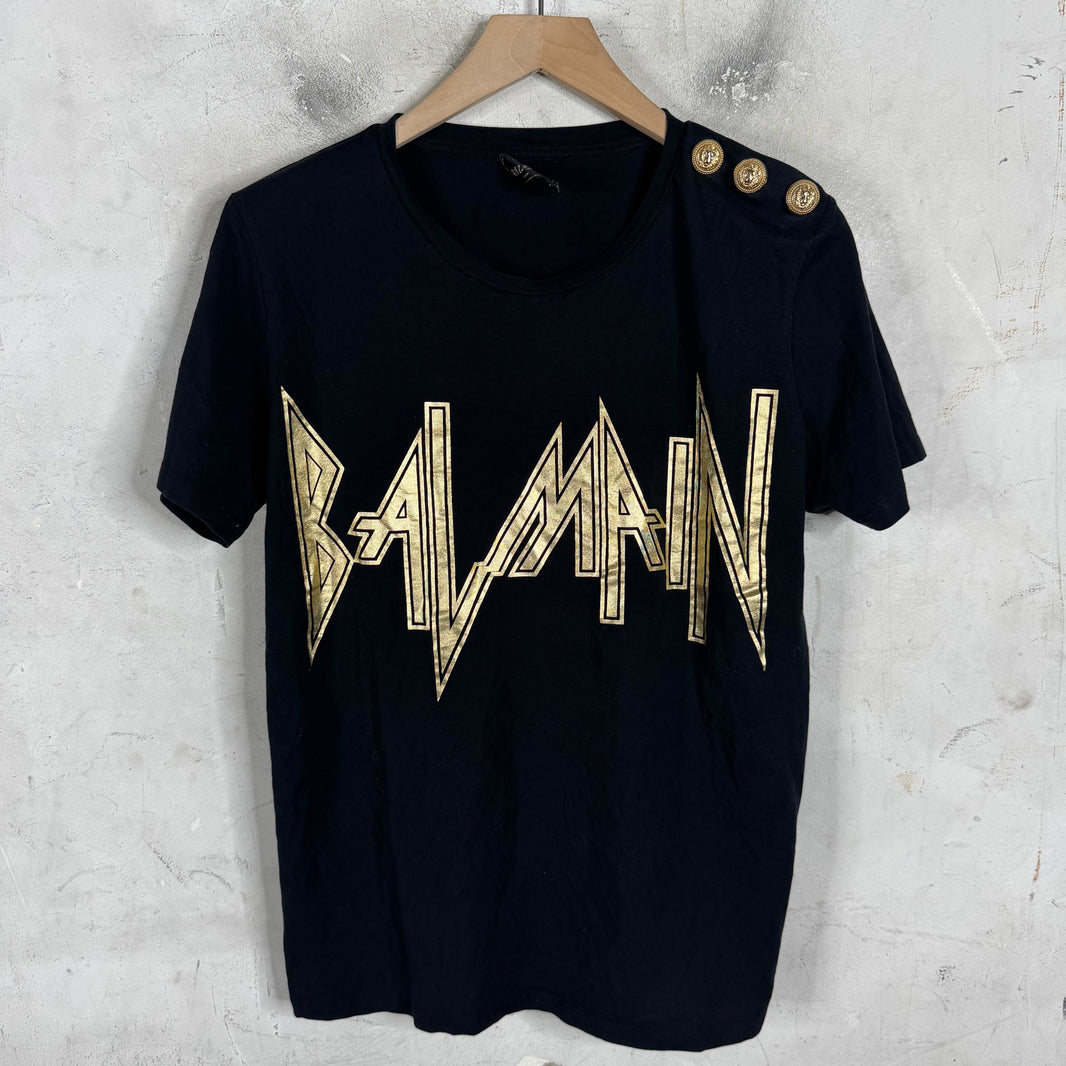 Balmain Metallic Font Buttoned Sleeve T-Shirt