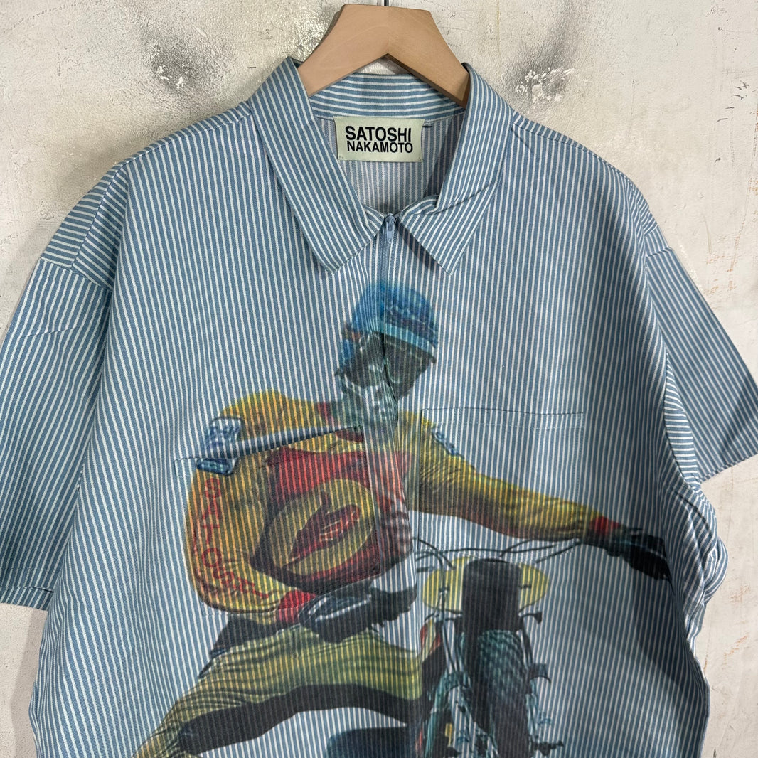 Satoshi Nakamoto Pinstriped Moto Q-Zip Shirt