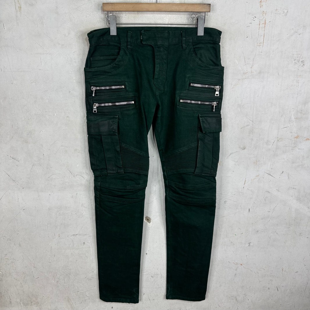 Balmain Green Waxed Double Zip Biker Jeans