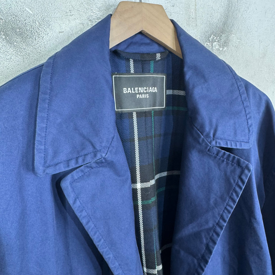 Balenciaga Distressed Hem Plaid Lined Long Coat