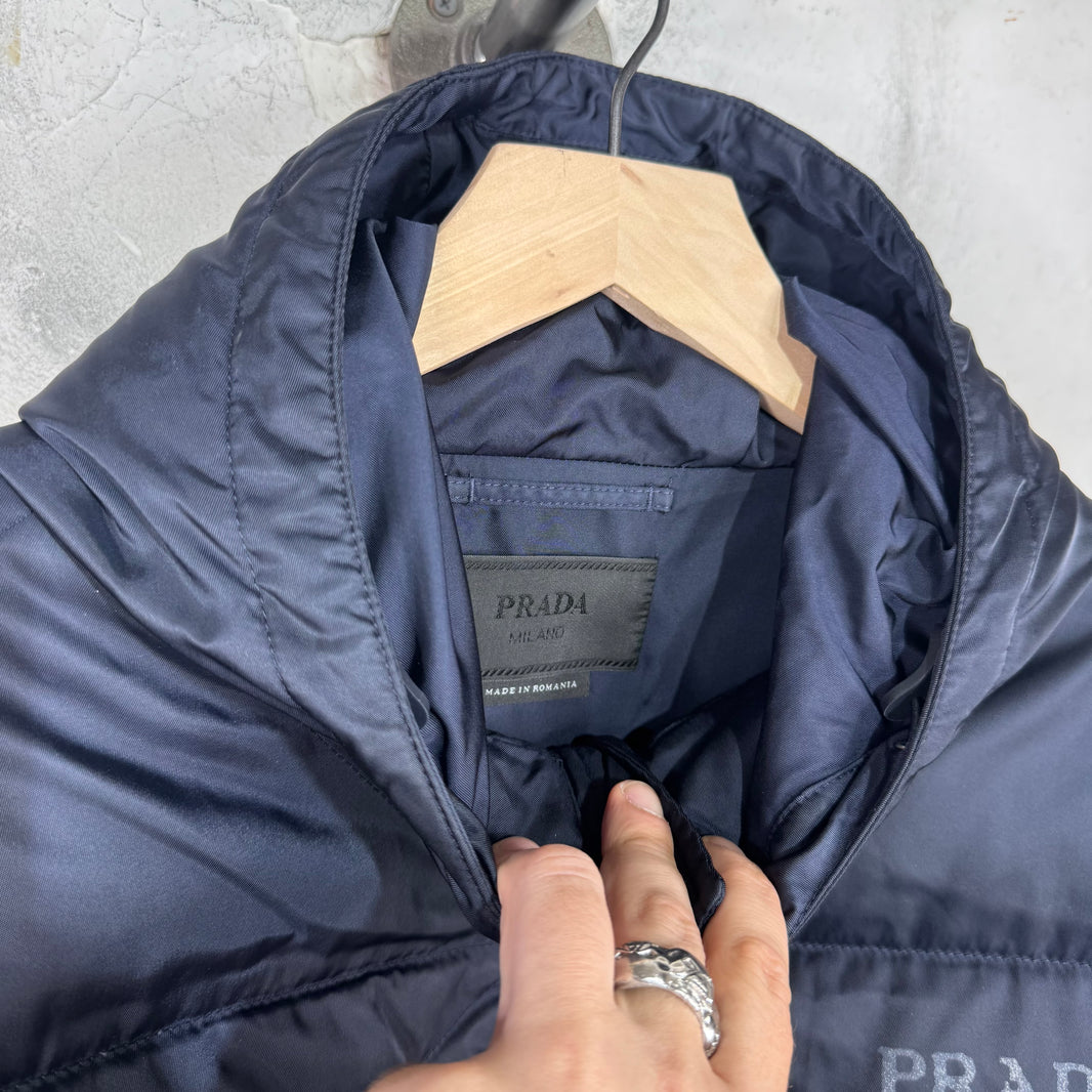 Prada Quilted Distressed Logo Puffer Jacket