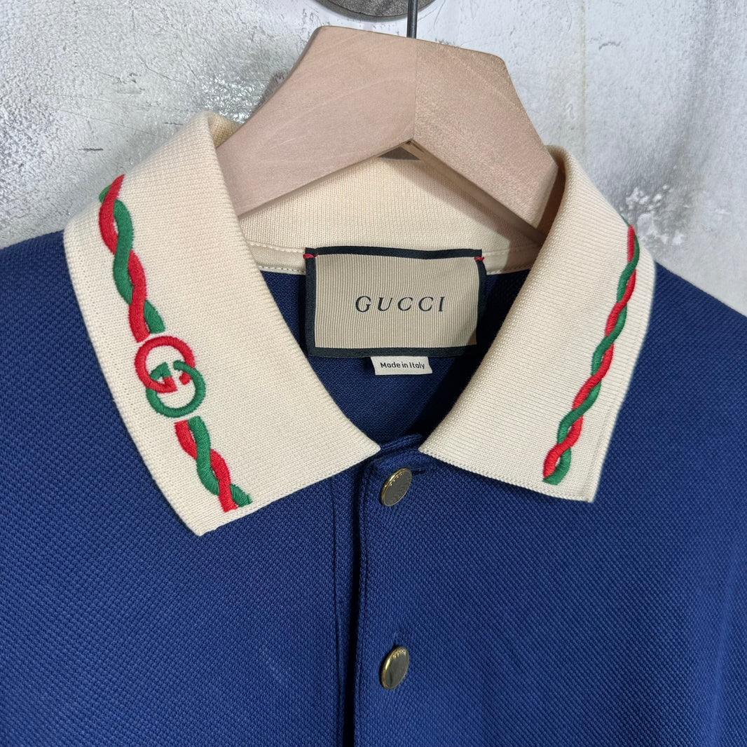 Gucci Navy Embroidered Collar Polo