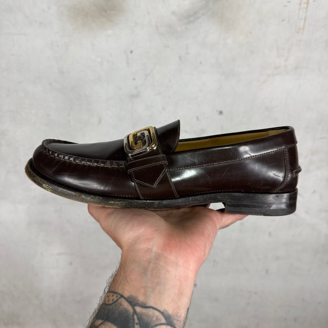 Gucci Two Tone G Buckle Brown Loafers
