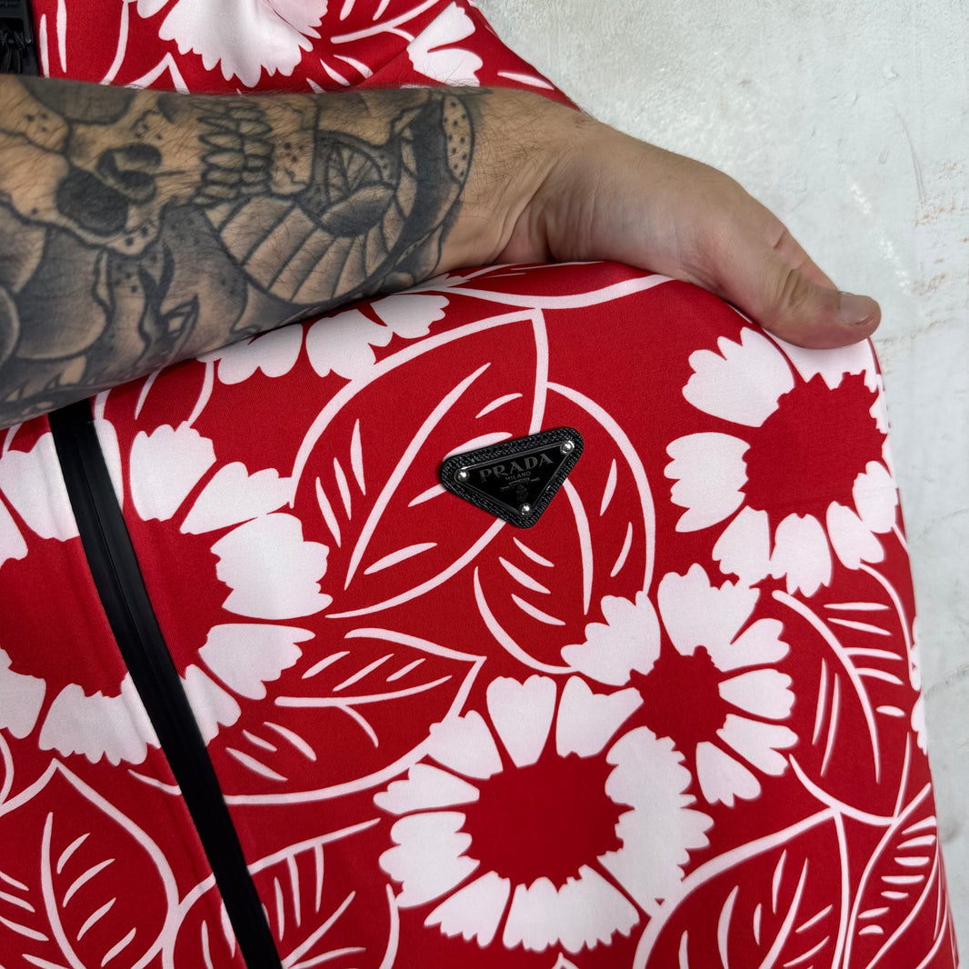 Prada Red Floral Plaqued Hooded Track Jacket