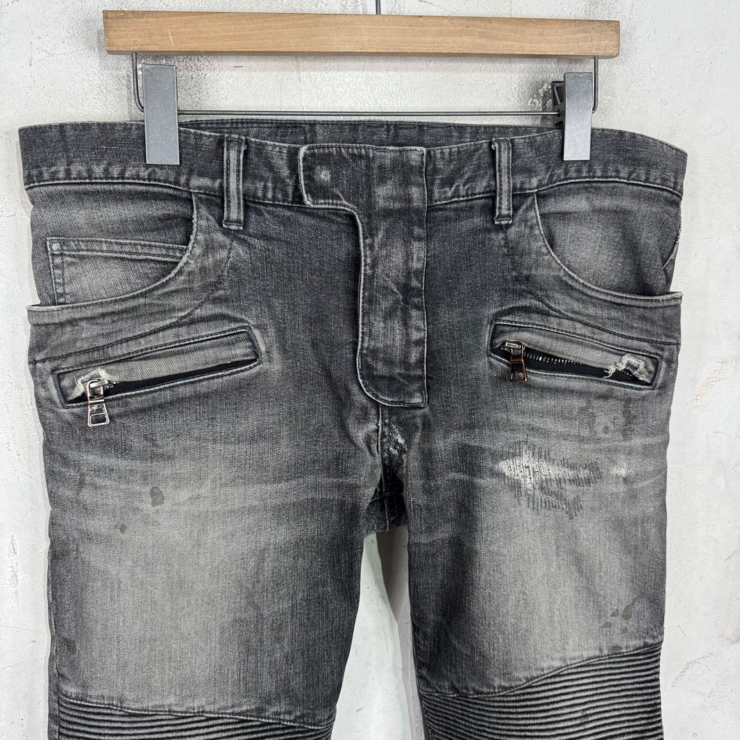 Balmain Charcoal Repaired Biker Jeans