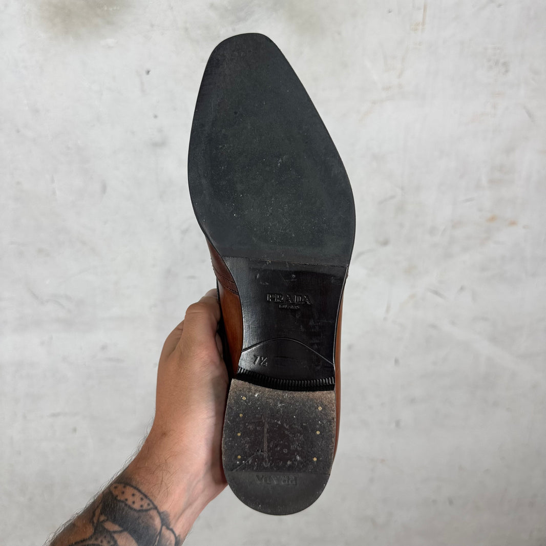 Prada Brown Leather Wing Tipped Loafers