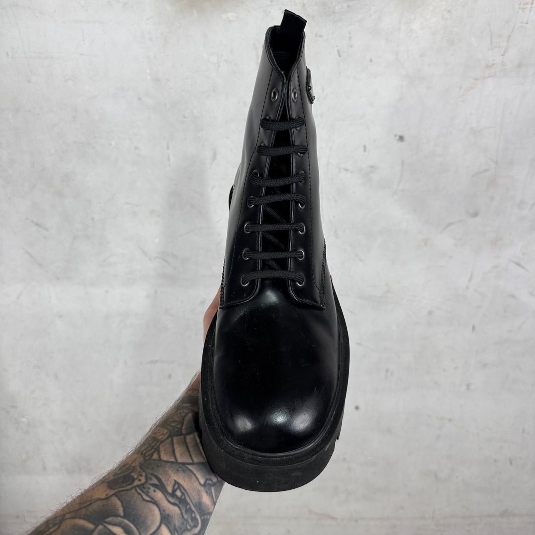 Prada Leather Plaque Lug Boots