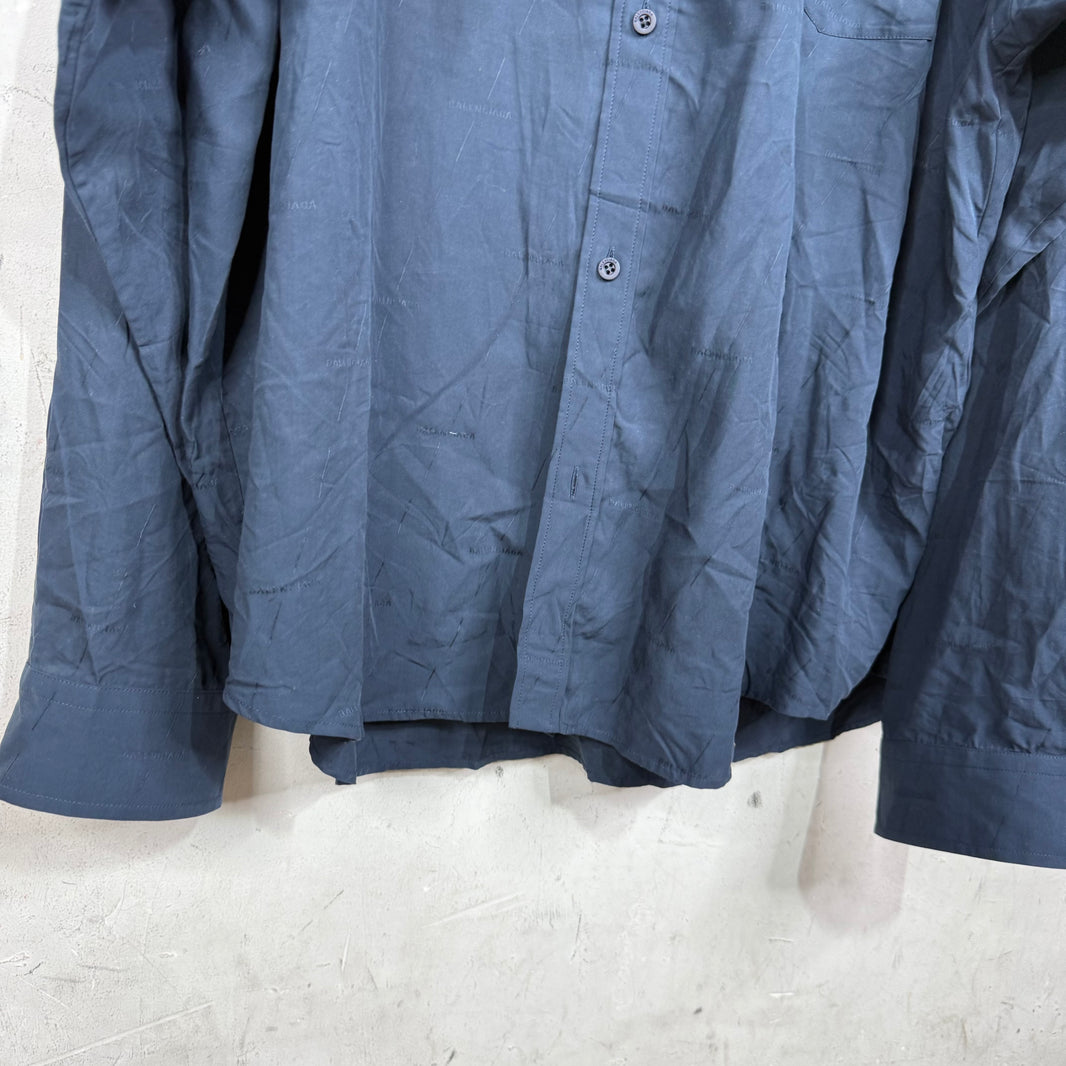 Balenciaga Navy All Over Logo Button-Up Shirt