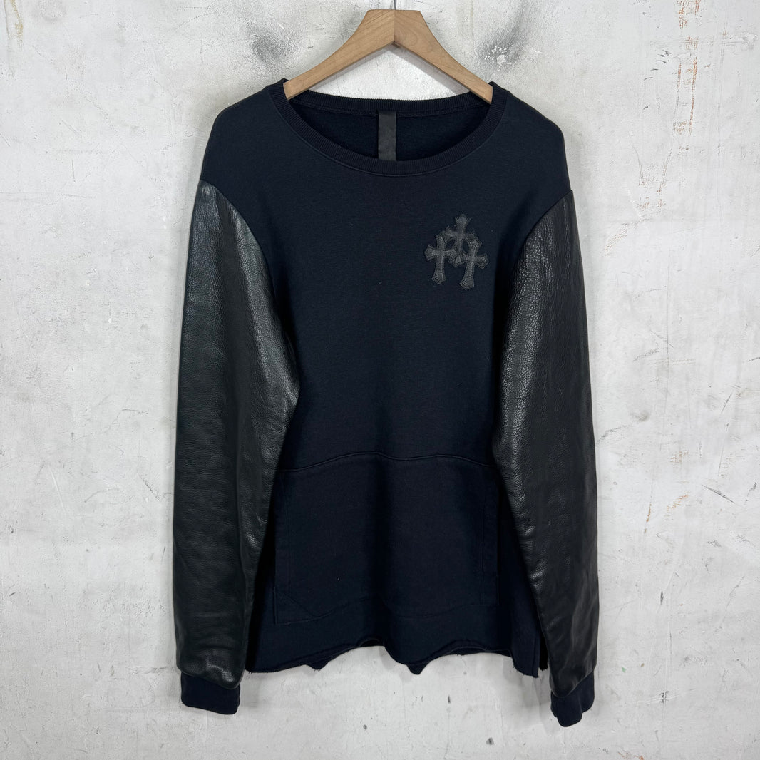 Chrome Hearts Triple Cross Leather Sleeved Crewneck