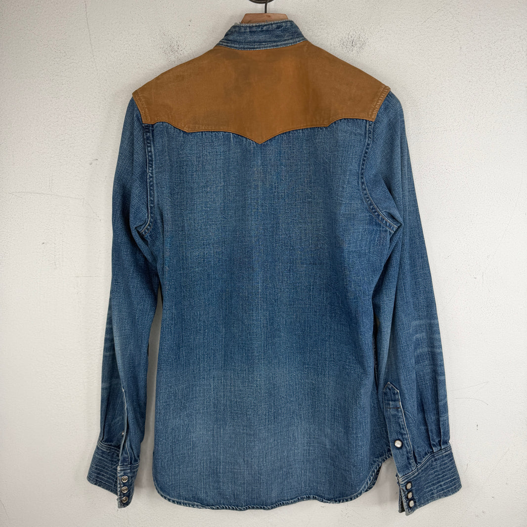 RRL Denim Western Snap Button Mandarin Collar Denim Shirt
