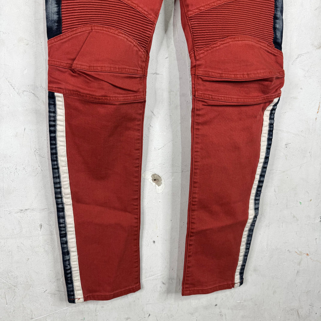 Balmain Orange Denim Trimmed Biker Jeans