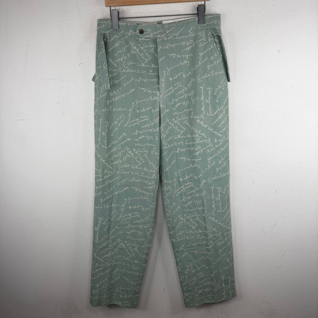 Bode Green Text Chainstitch Trousers