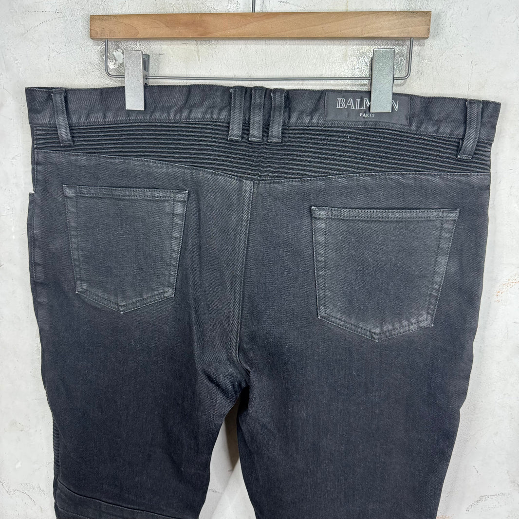 Balmain Waxed Black Biker Jeans
