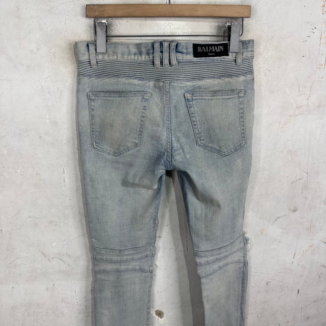 Balmain Light Wash Distressed Biker Jeans