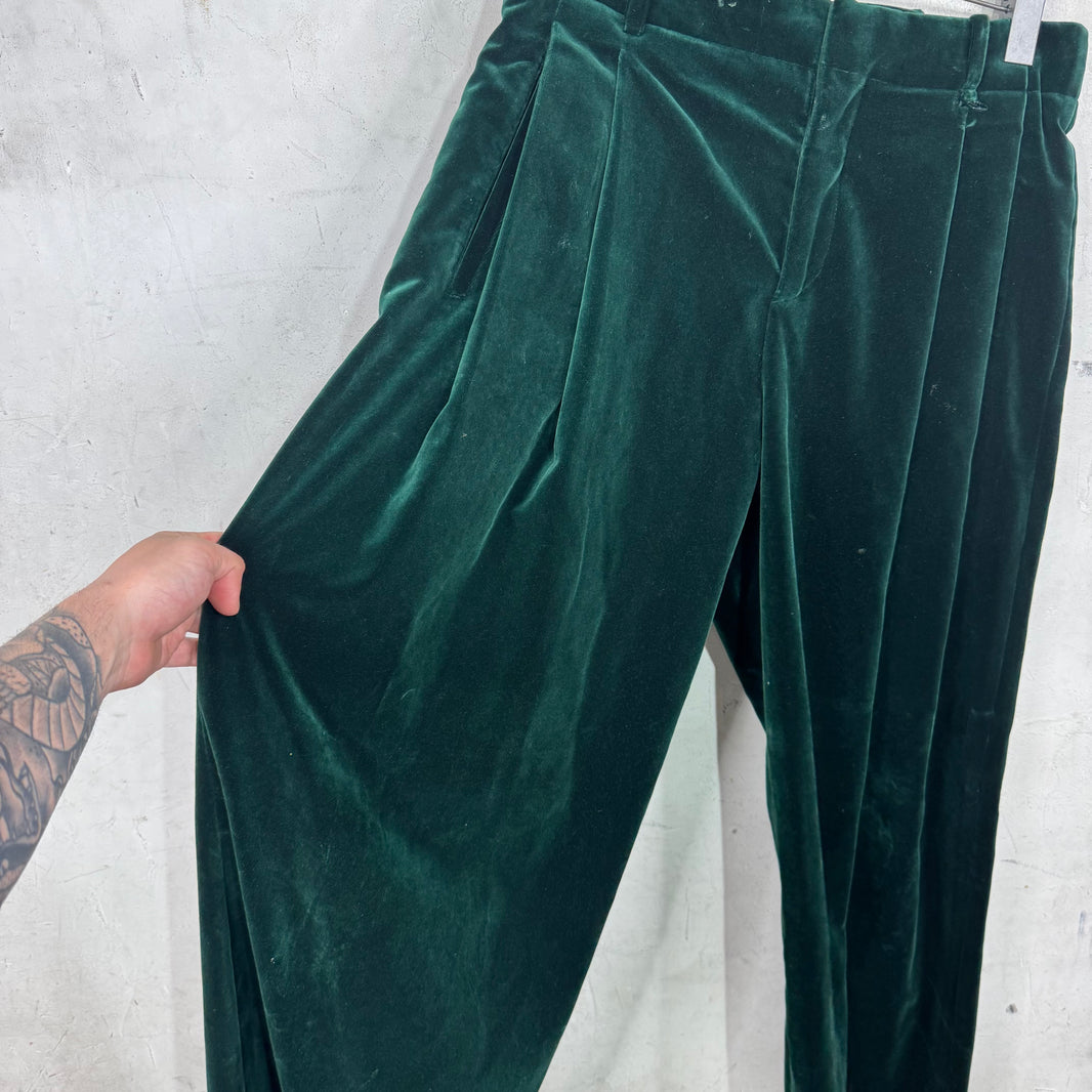 Louis Vuitton Green Velvet Pleated Baggy Trousers