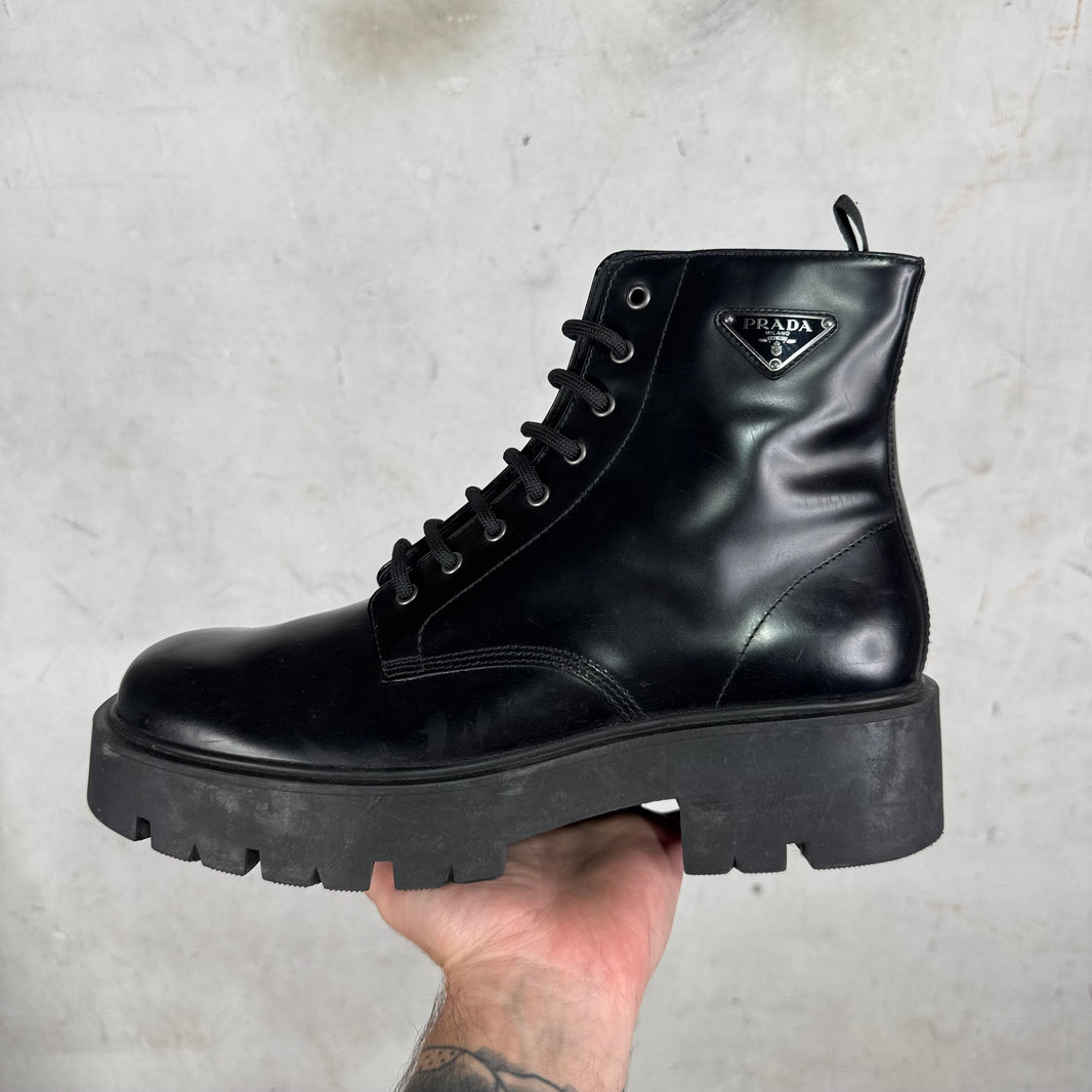 Prada Leather Plaque Lug Boots