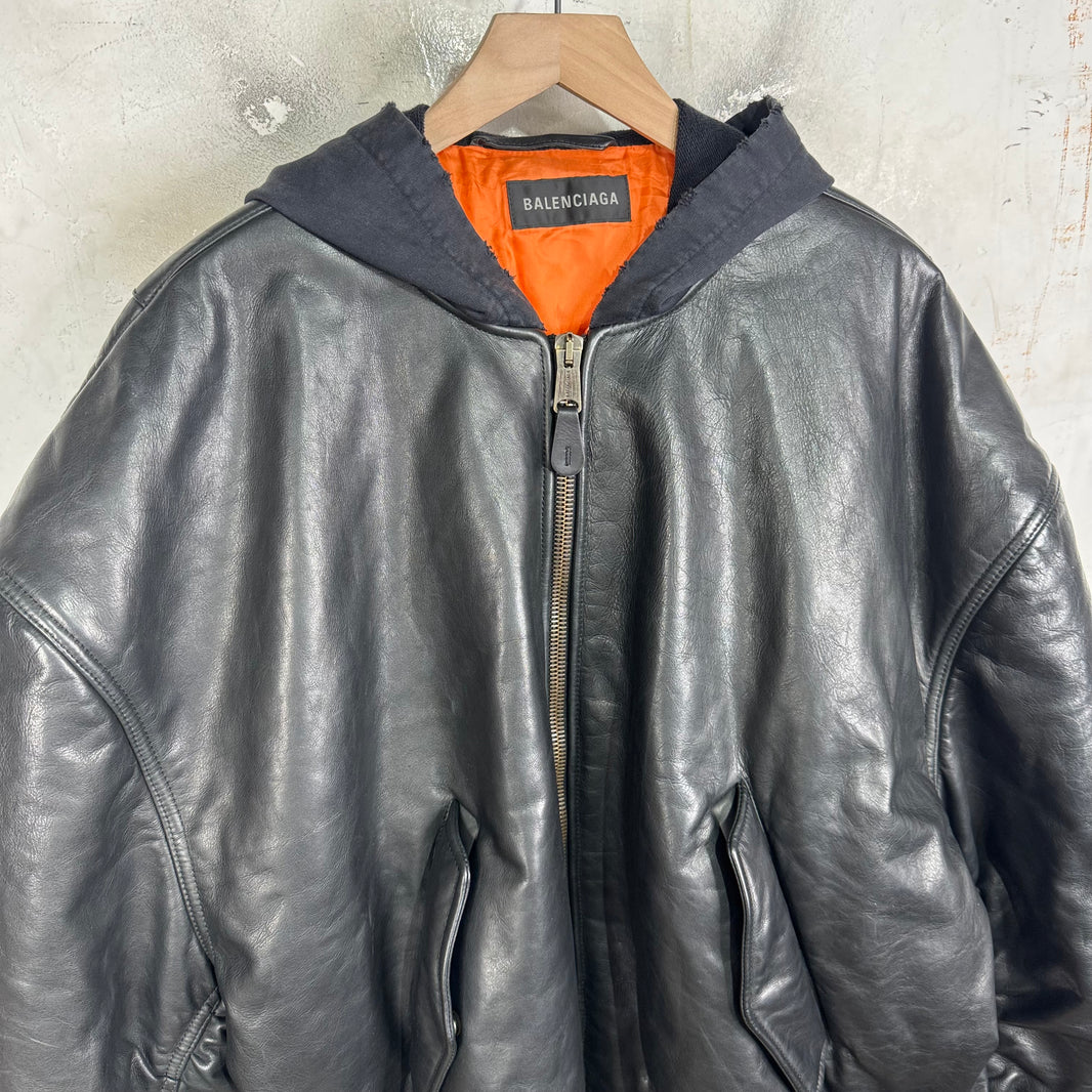 Balenciaga Bullskin Leather Hooded Bomber Jacket