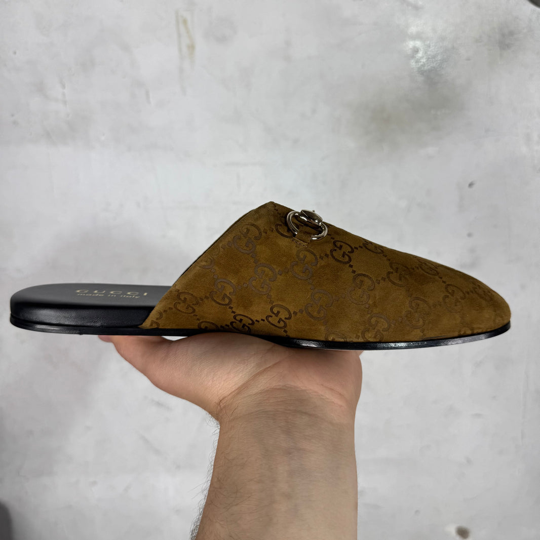 Gucci Suede Monogram Cachemire Horsebit Mules