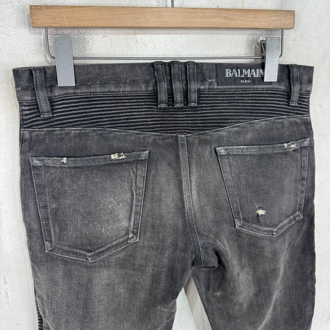Balmain Charcoal Distressed Biker Jeans