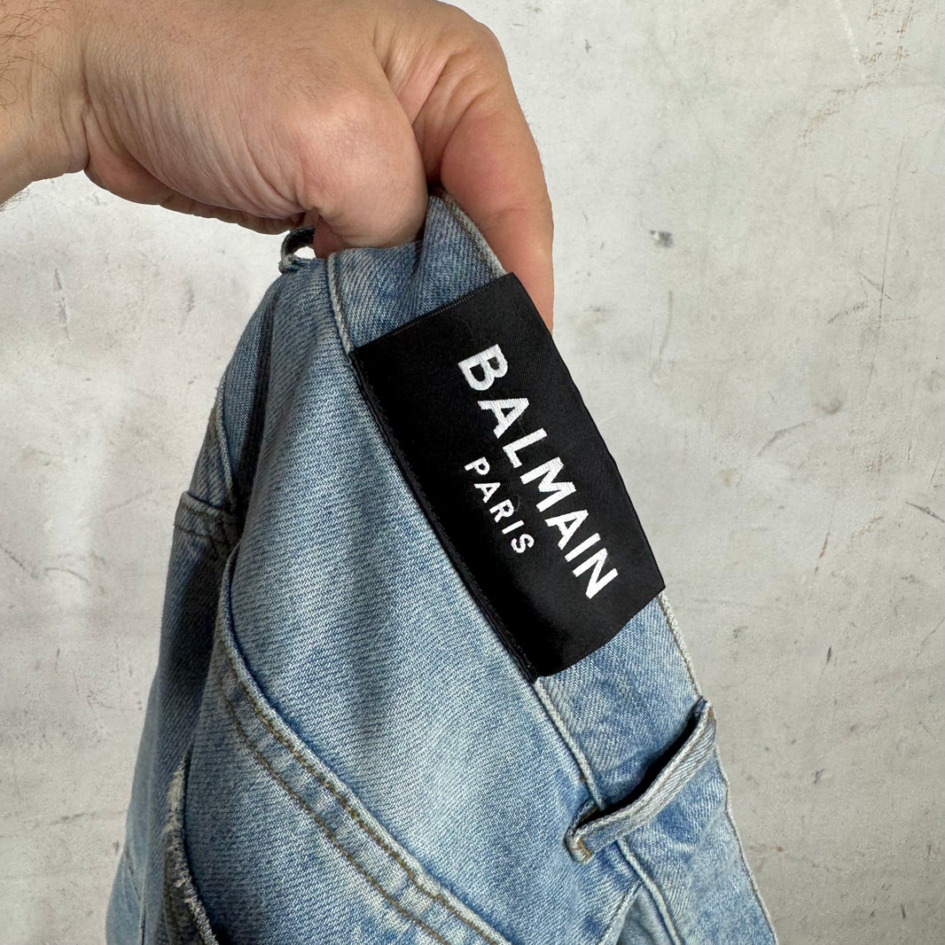 Balmain Lightwash Leather Patched Biker Jeans