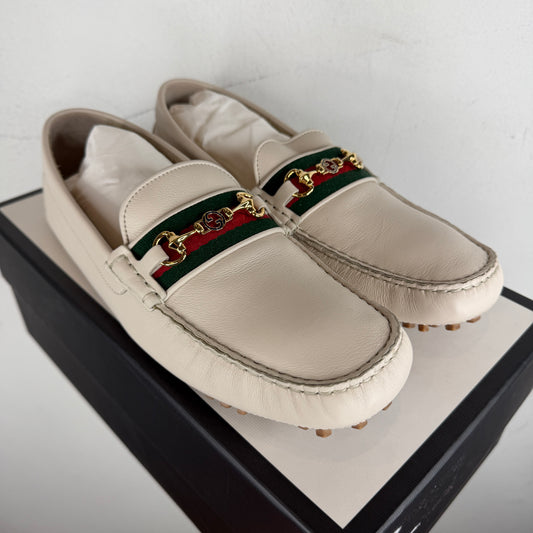Gucci Cream Web Strap Horsebit Driving Loafer