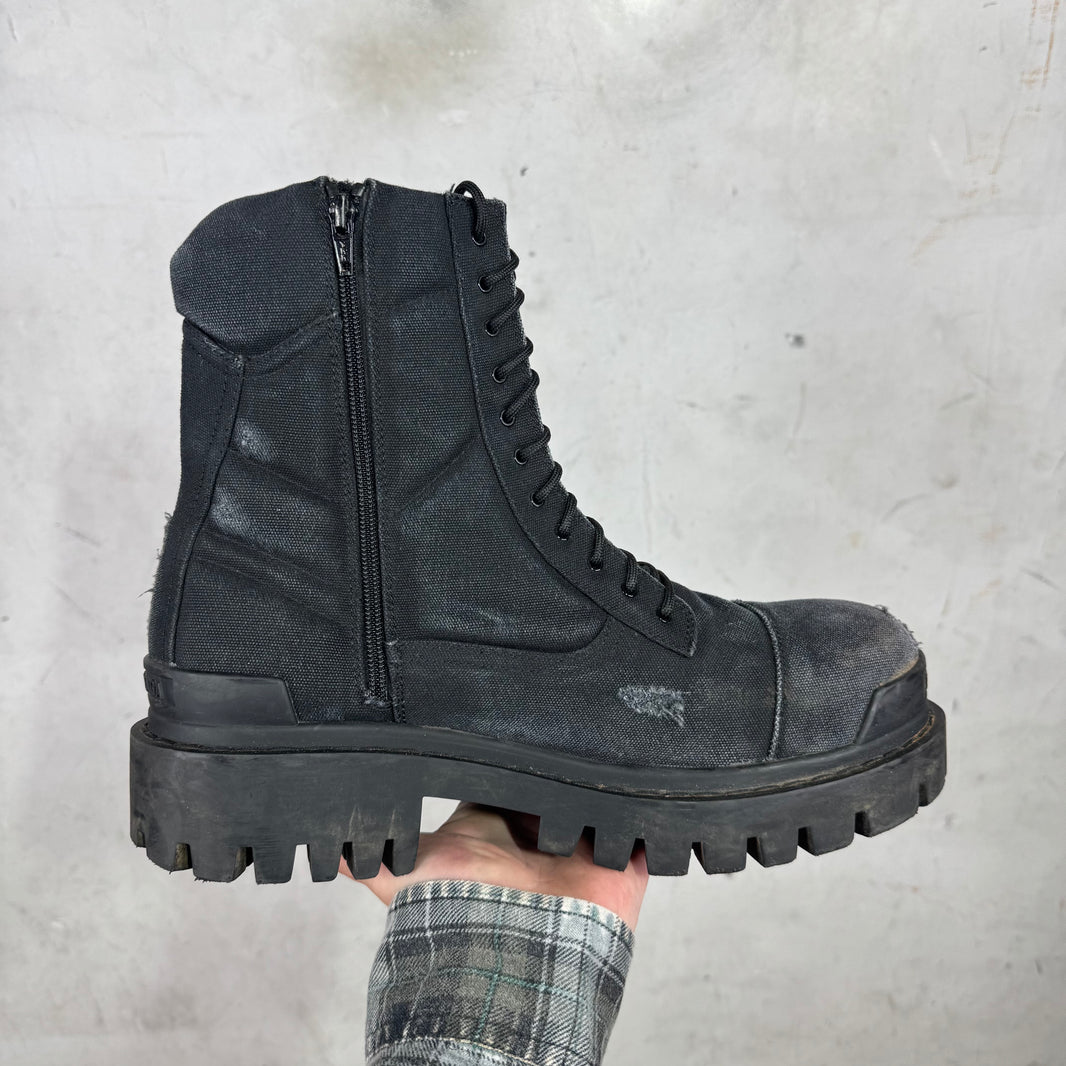 Balenciaga Black Distressed Canvas Strike Boots