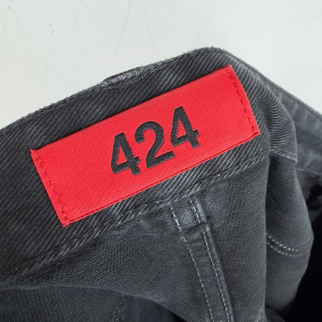 424 Black Denim Frayed Long Shorts