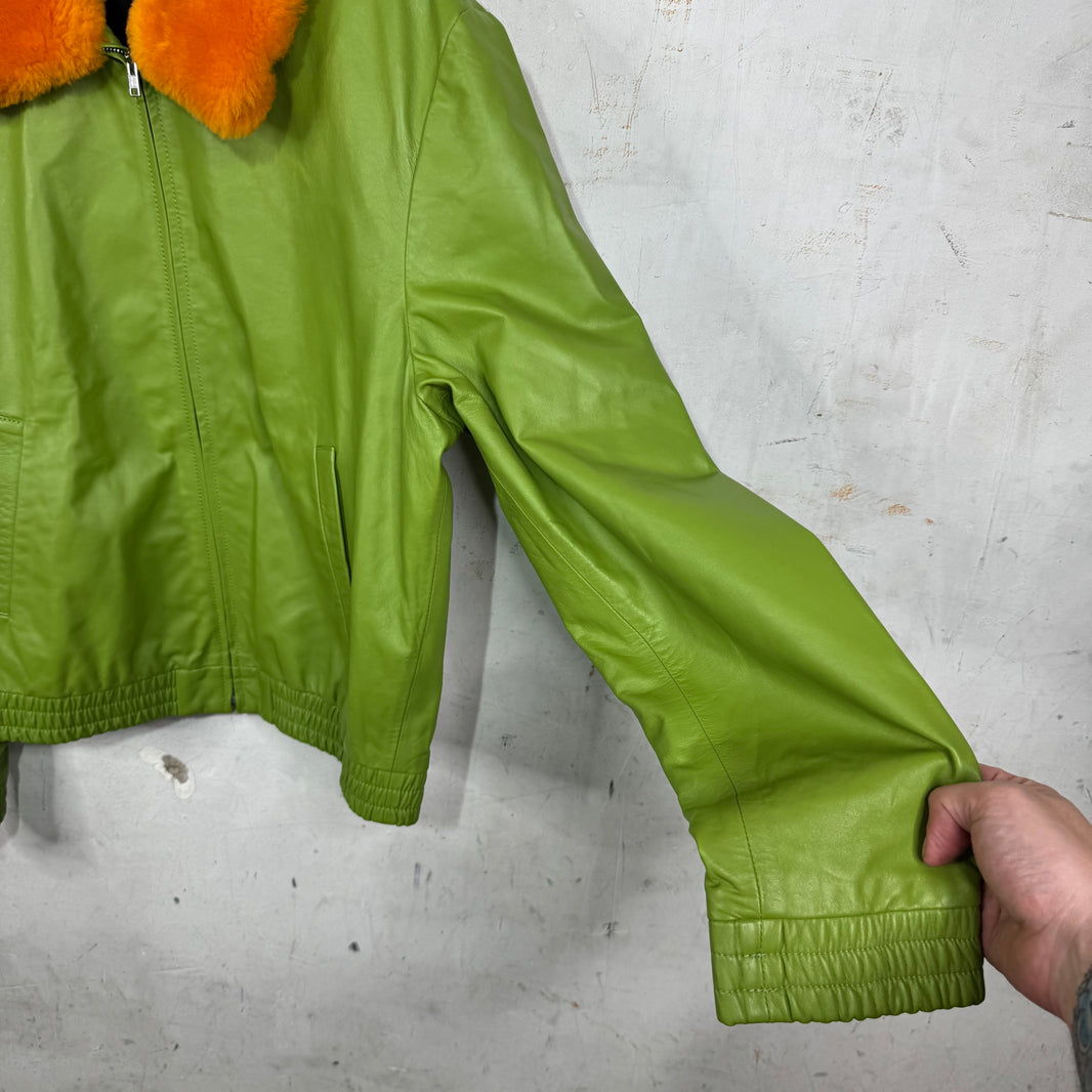 Marni Green Leather Fur Collared Jacket
