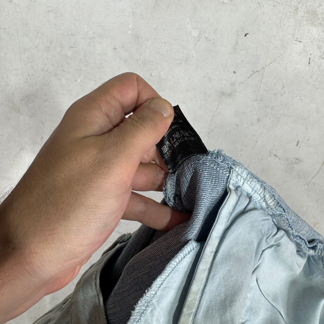 Balmain Light Wash Distressed Biker Jeans