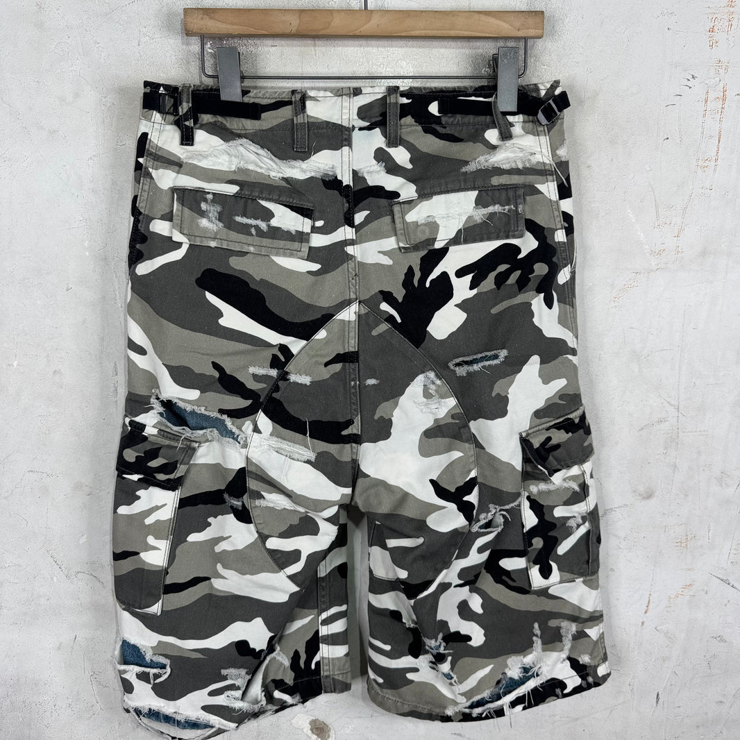 Balenciaga Trompe Layered Snow Camo Distressed Shorts
