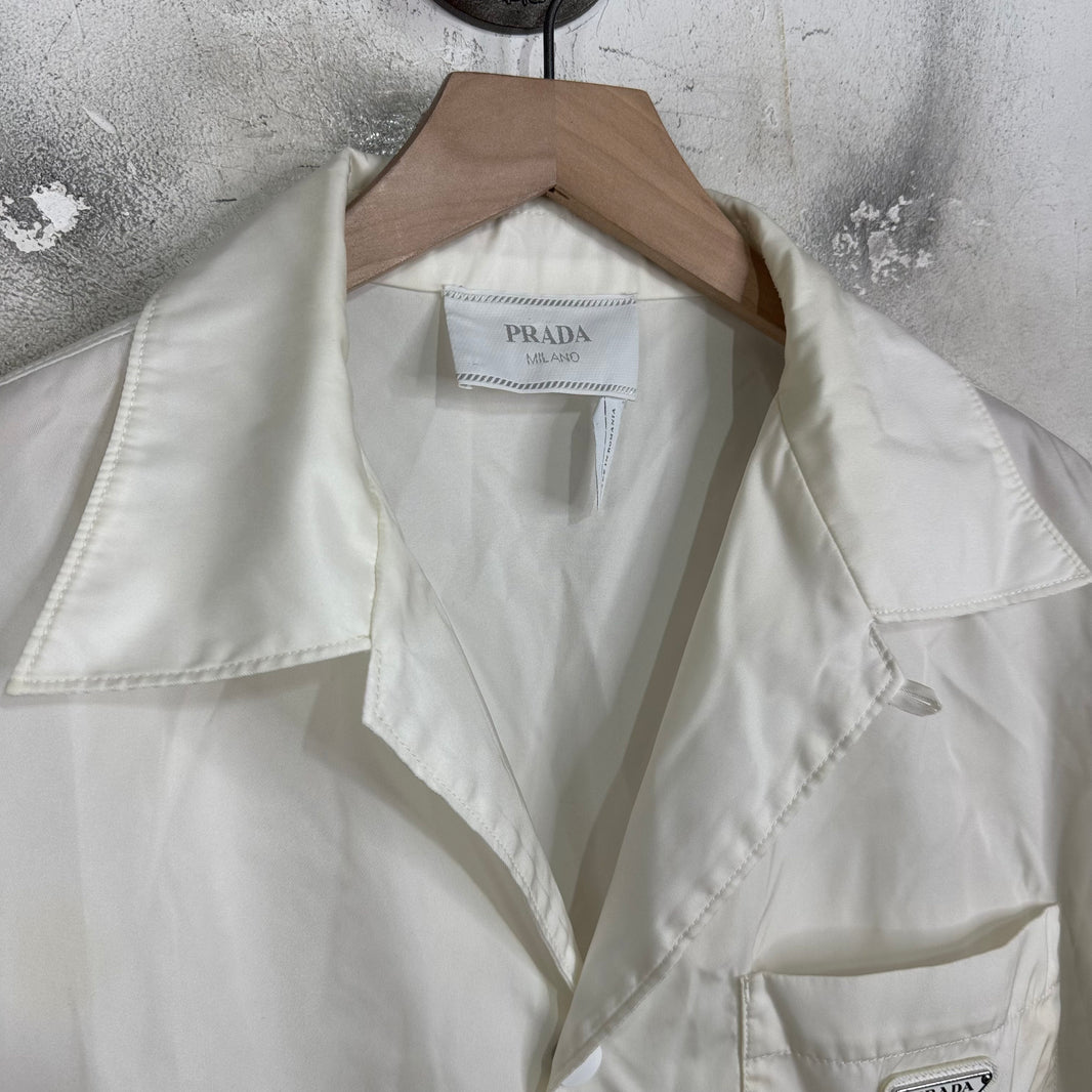 Prada White Renylon Plaqued Snap Shirt